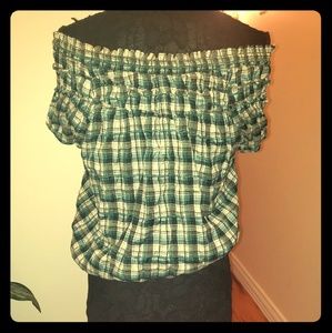 BCBG PLAID OFF the shoulder blouse